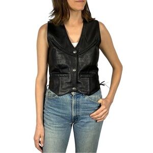 VINTAGE BLACK LEATHER VINTAGE CONCHO LACE UP SIDE BRAID WESTERN SNAP VEST HUDSON